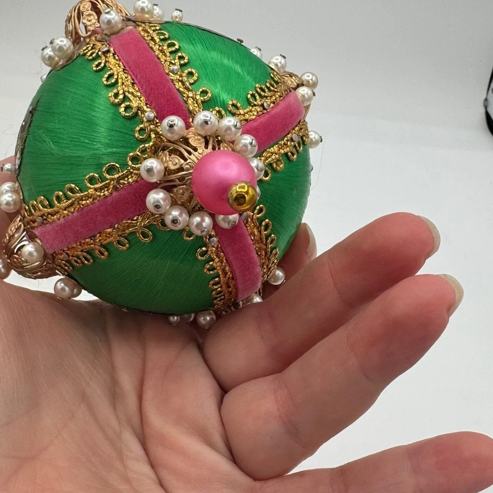 Vintage Handmade Satin Christmas Ornaments Green Pink Velvet Pearls Jewels Set 2